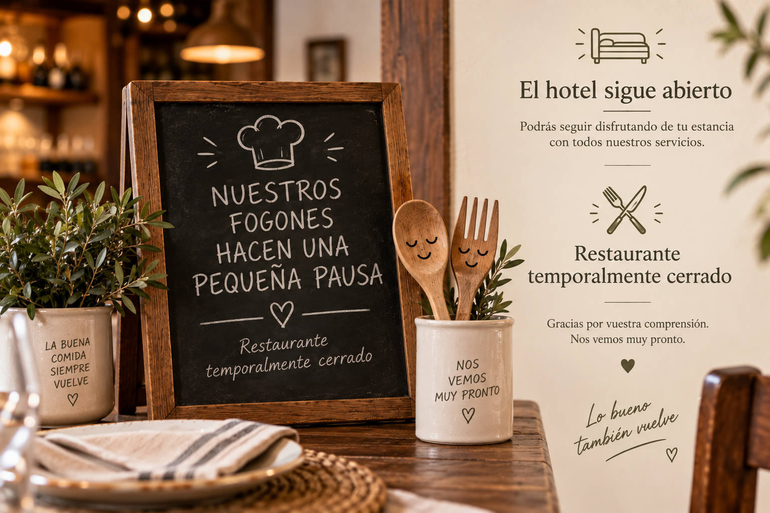 Restaurante temporalmente cerrado. El hotel permanece abierto.